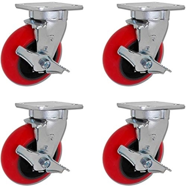 Casterhq Caster Barn, 4"x2" Swivel Caster W/Brakes, Red Crowned Po, PK4 MD4X2SPIR